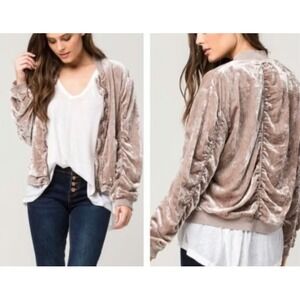 Free People Velvet Bomber Jacket Beige Ruched Zip Up Pockets Womens L